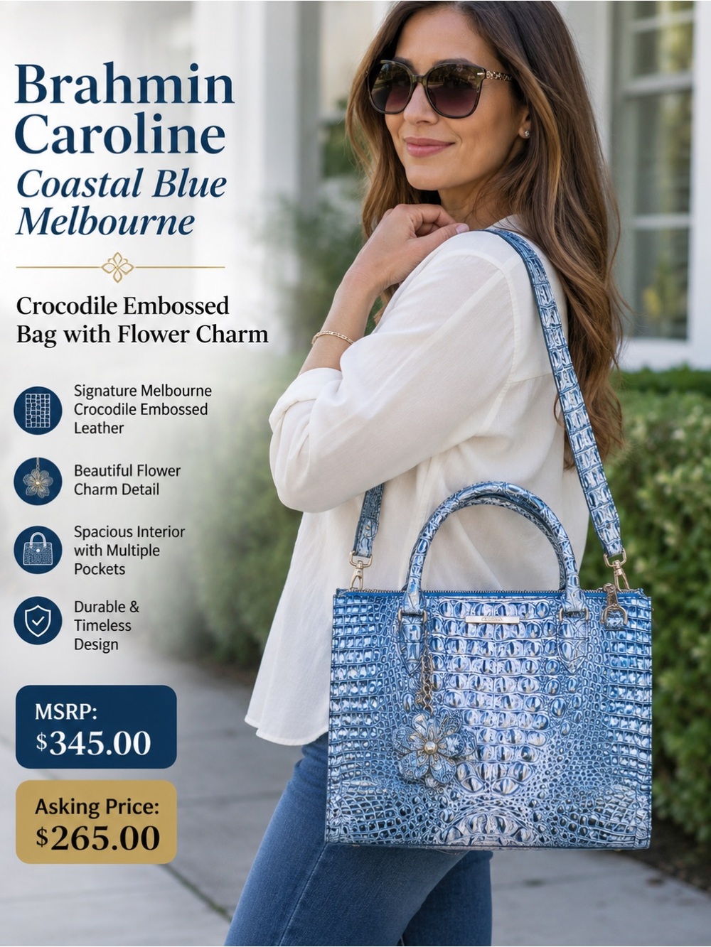 Brahmin Caroline Crocodile-Embossed Satchel in Coastal Blue